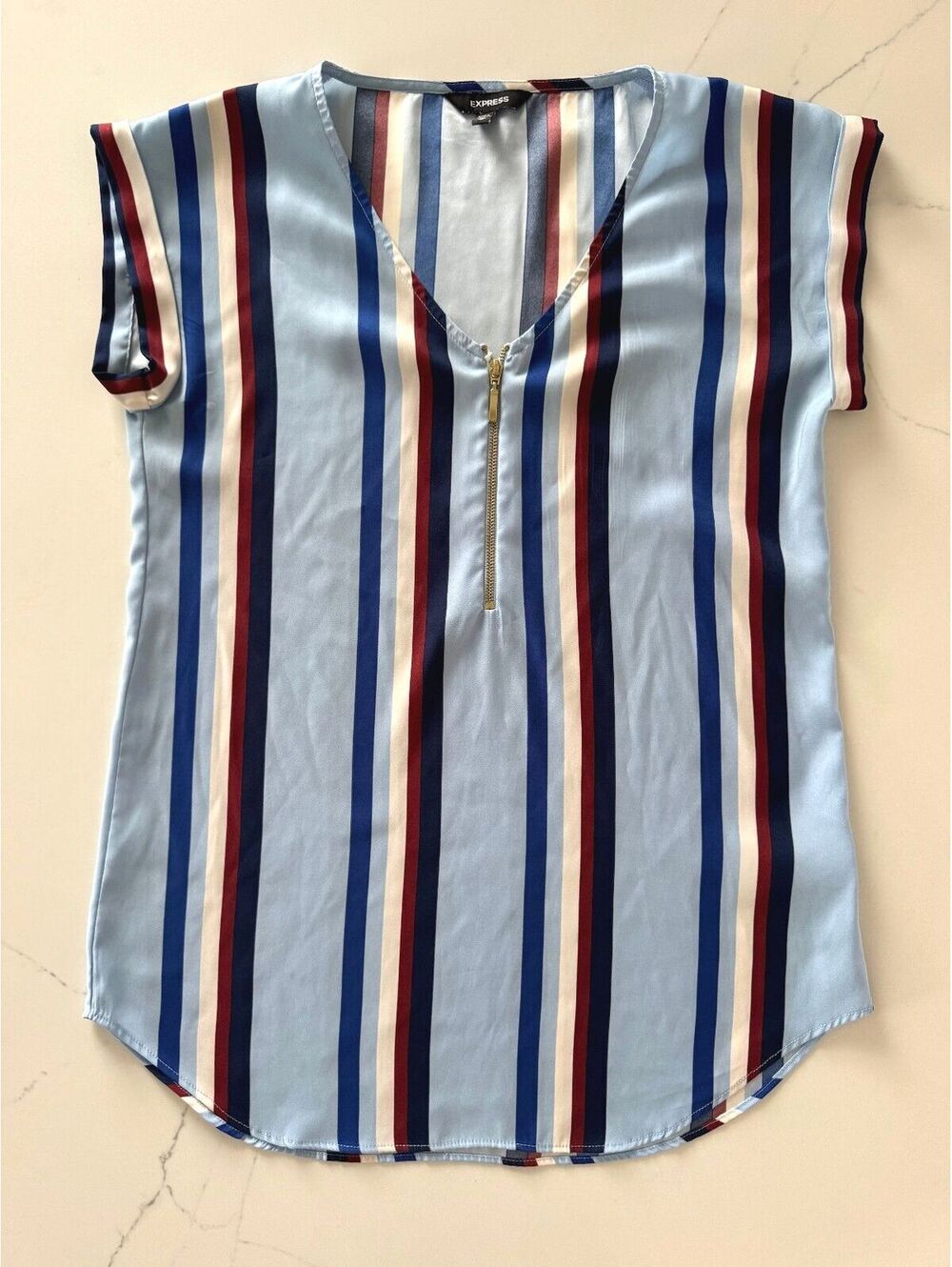 Express Women's Striped V-Neck Blouse with Front Zipper XS